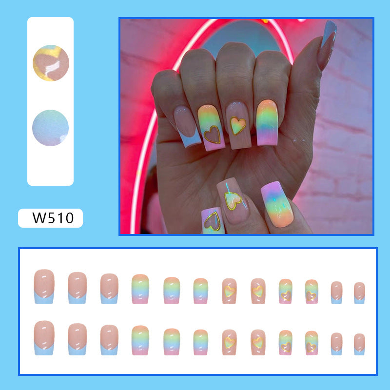 Popular Heart Rainbow French Nails, Mid-Length Square, Cute and Natural, Ins Style