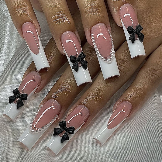 Popular European Long Waterpipe Nails with 3D White French Edge and Butterfly Pearls