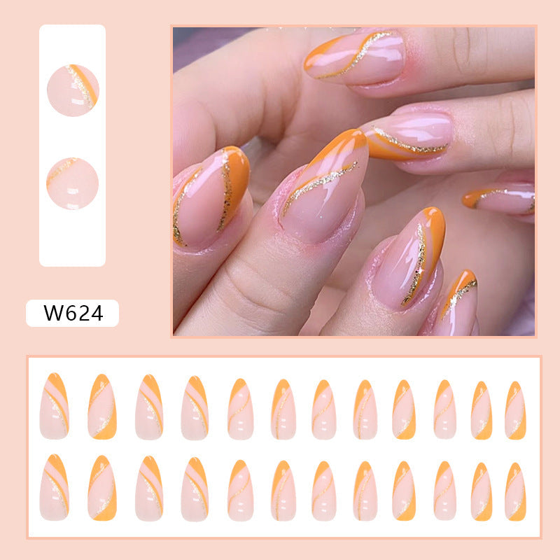 Popular Almond Nails Super Glitter Lines Orange French Edge Fashionable Fake Nails Wholesale