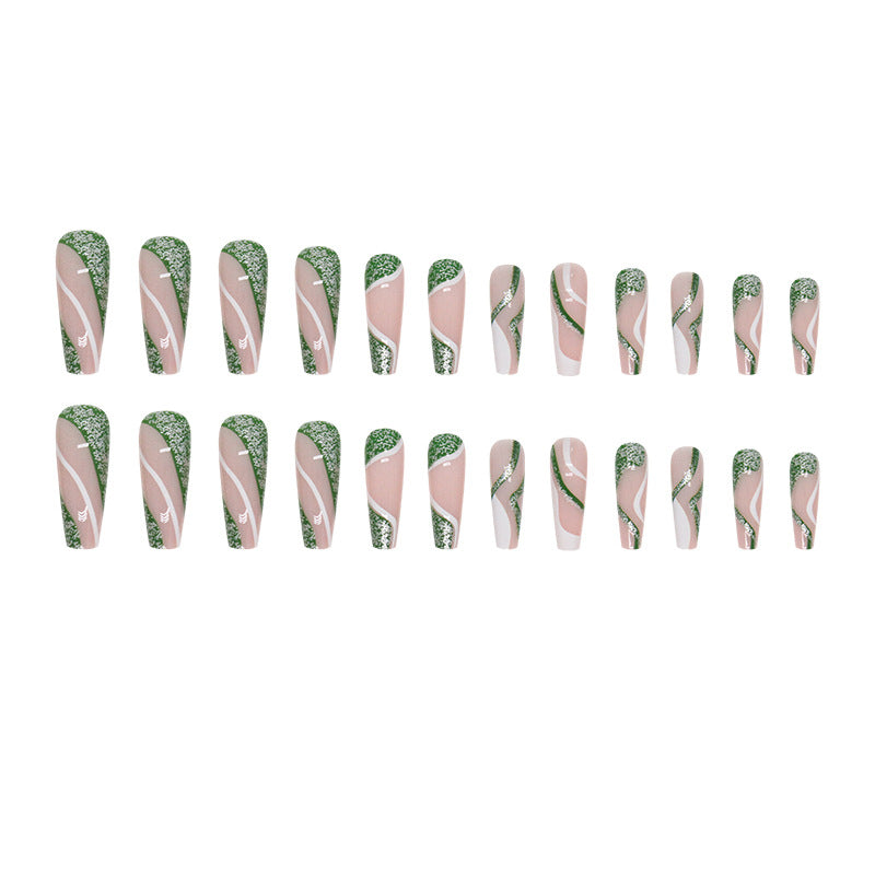 Popular Long Ballet Green Flash Wave Nails Sweet Fashion