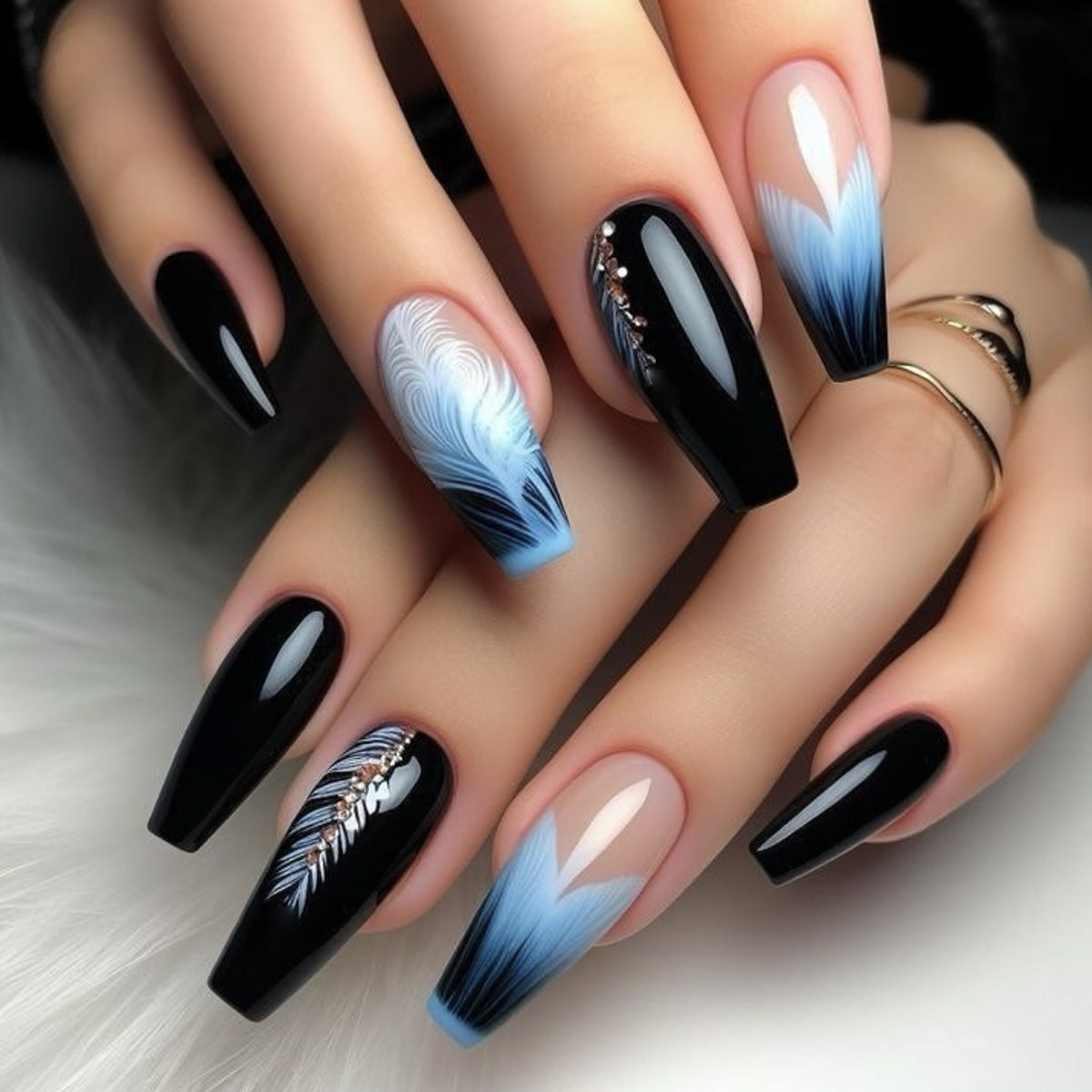 Popular Ballet Black Blue Irregular Feather Painted Diamond Decorated Detachable Nail Patches