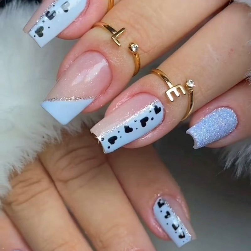 Popular Blue-White Triangular French Nails with Heart Polka Dots, Pink Square