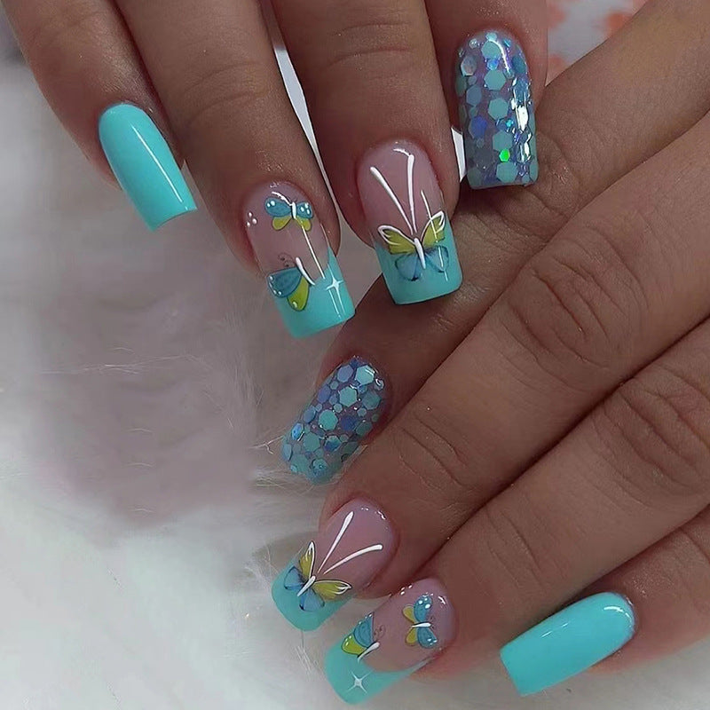 Popular Light Blue-Green Butterfly Nails, Mid-Length Square, Lake Green French