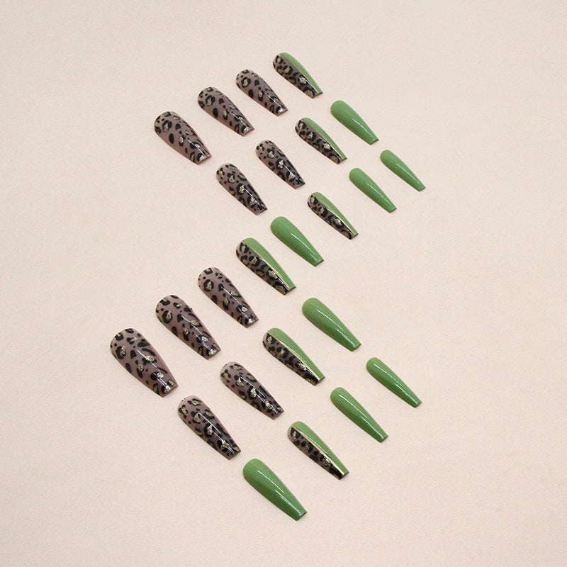 Popular European Ins-Style Long Ballet Olive Green Leopard Nails