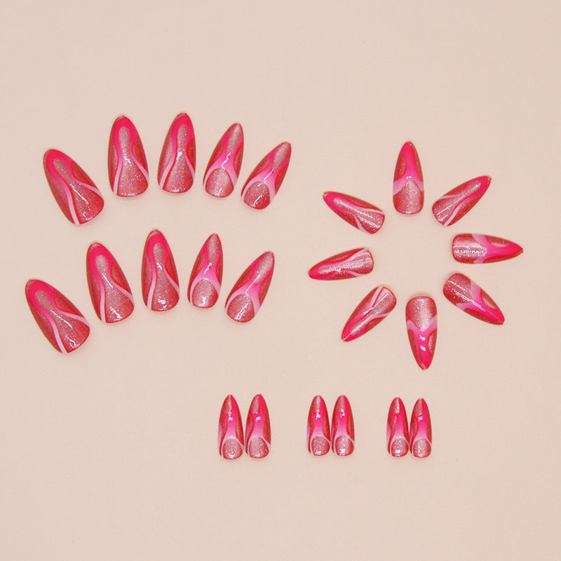 Popular Removable Fake Nails Rose Red Wave Design 24-Piece