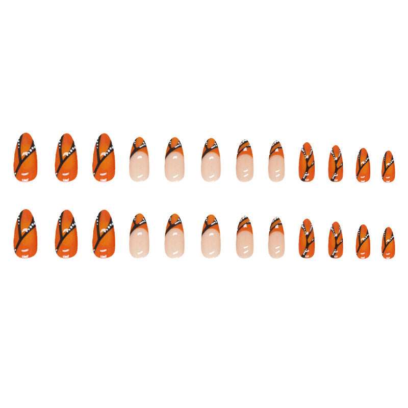 Popular Round Tip Almond Nails, Orange and Black Halloween Design