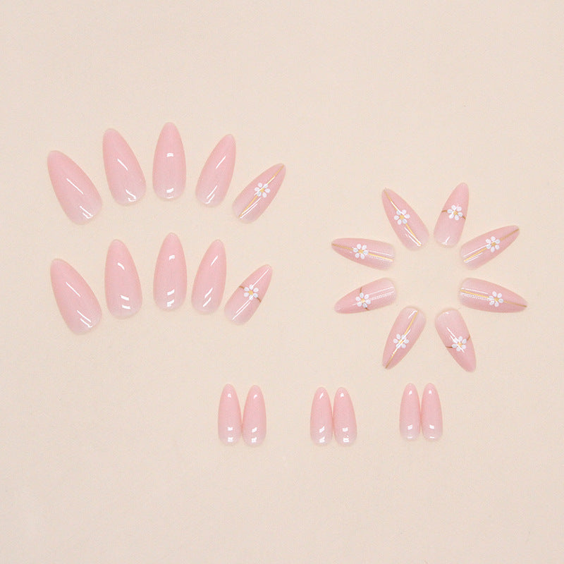 Popular Simple Gold Line Flower Nails Round Almond Pink Sweet 24 Pieces