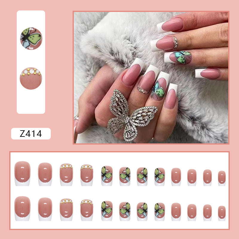 Popular Mid-Length Square Nails with Diamonds White French Edge Clear Pearl Sparkle Butterfly Pink