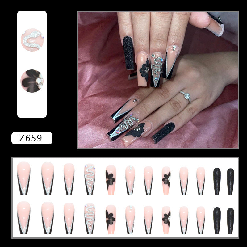 Popular Long Ballet Black Mysterious Silver Snake Nails, Triangular French, Ins Style