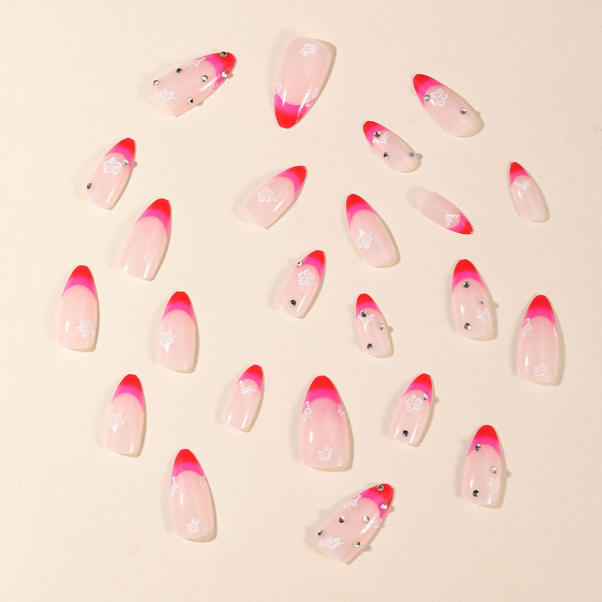 Popular Almond Shaped Rose French Ombre Flower Diamond Detachable Fake Nails