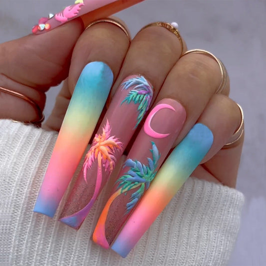 Popular Colorful Sunset and Palm Tree Nails, Rainbow Gradient