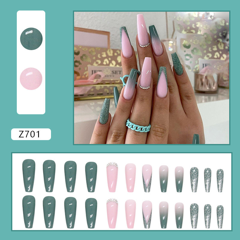 Popular Fresh Matcha Green Nails Glitter French Diamond Long Ballet Wearable Fake Nails 24-Piece Set