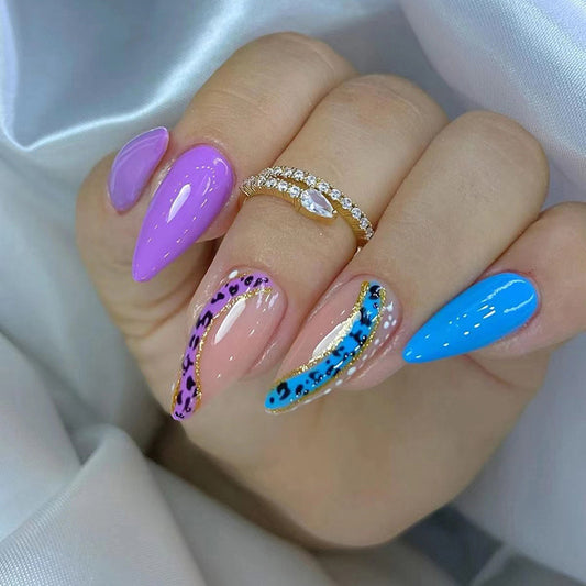 Popular European Leopard Almond Nails, Blue-Purple Ombre with Glitter