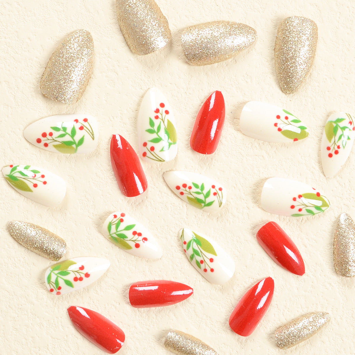 Popular Golden Glitter Red Christmas Fruit False Nails