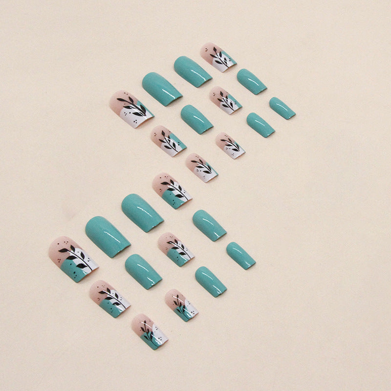 Popular Summer Fresh Mid-Length Nails, Lake Blue with Leaf Design