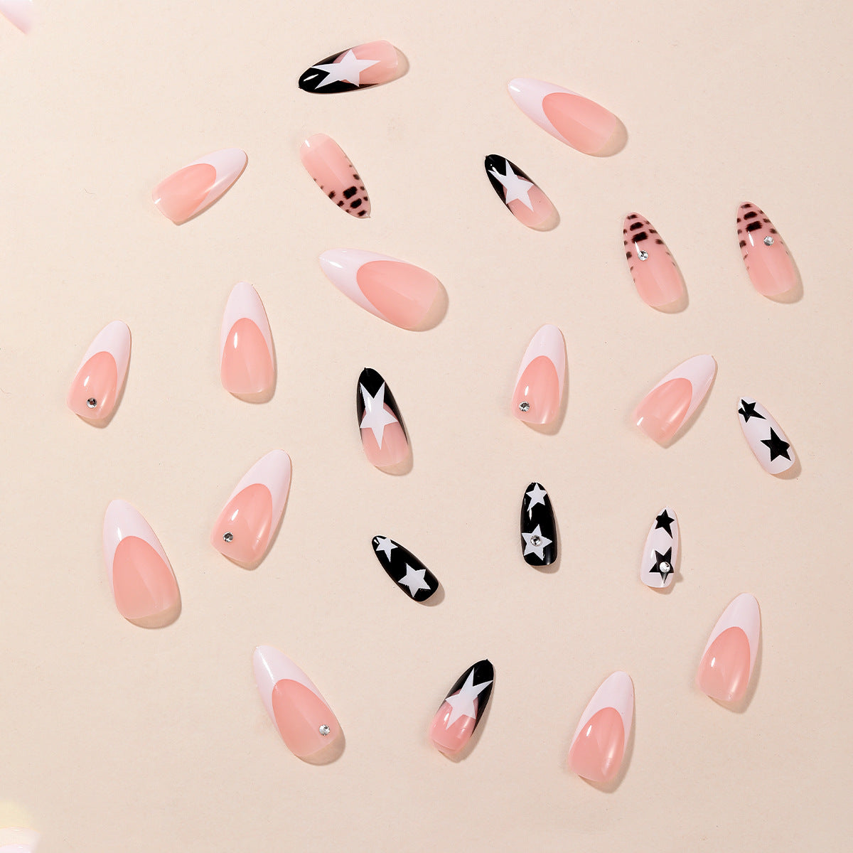 Popular New Arrival Almond Black White Star Diamond Detachable Fake Nails