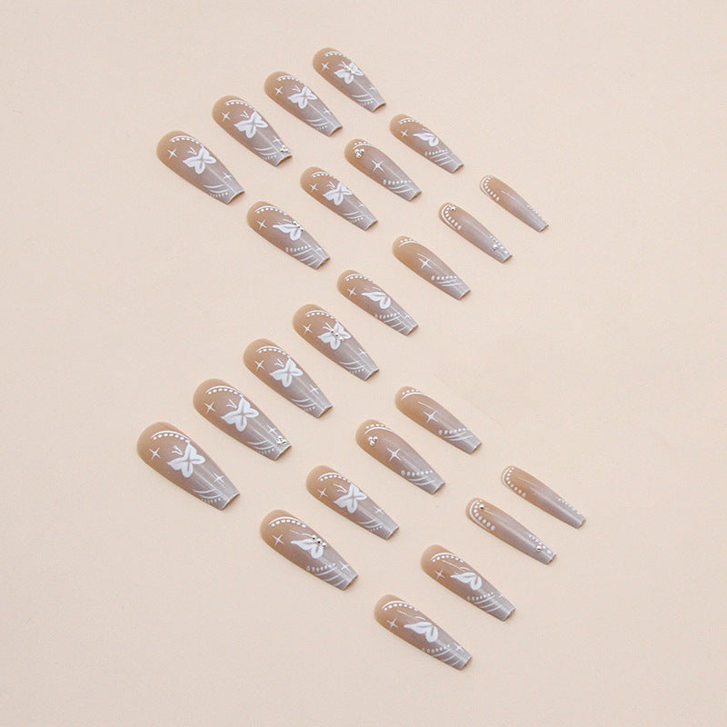 Popular Long White Ballet Nails, Butterfly, Silver Dots, Ins Style