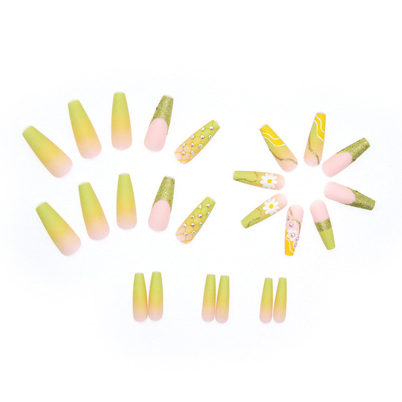 Popular Goose Yellow Ombre Cute Daisy Sparkling Rhinestones Long Ballet Nails