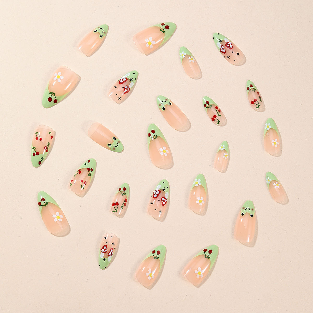 Popular Almond Fresh Green French Cherry Blossom Frog Detachable Fake Nails-homeunderwear