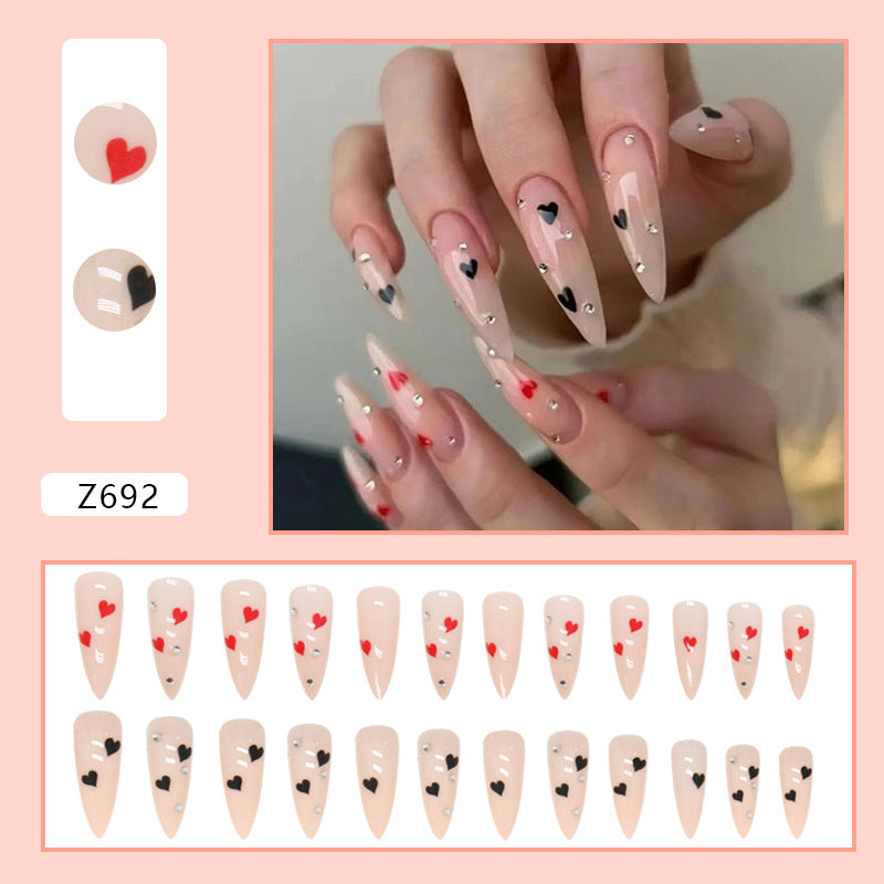 Popular Long Pointed Nails, Black and White Love Hearts, Sweet and Spicy