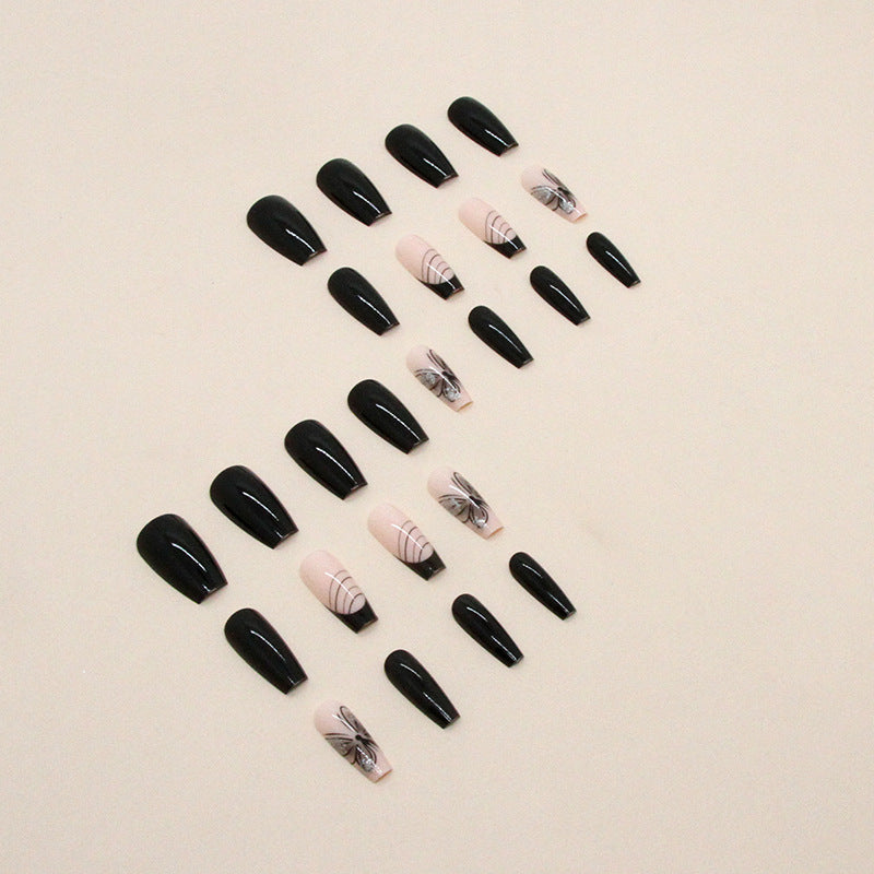 Popular Mid-Length Solid Black Butterfly Nails Striped Glitter French