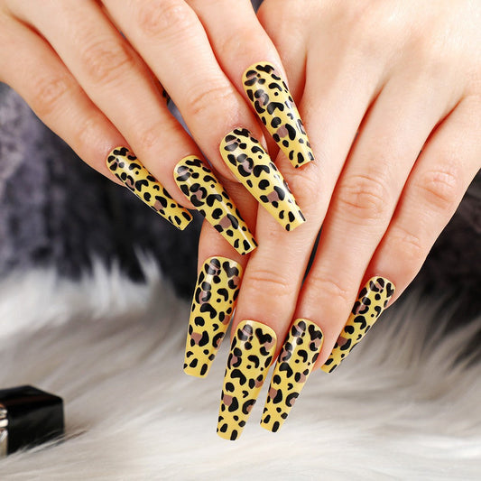 Popular Authentic Yellow Leopard Print Press-On Long Ballet Nails