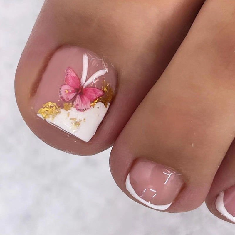 Popular Pure Desire White French Nails with Pink Butterflies