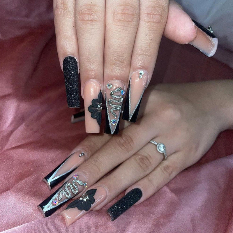 Popular Long Ballet Black Mysterious Silver Snake Nails, Triangular French, Ins Style