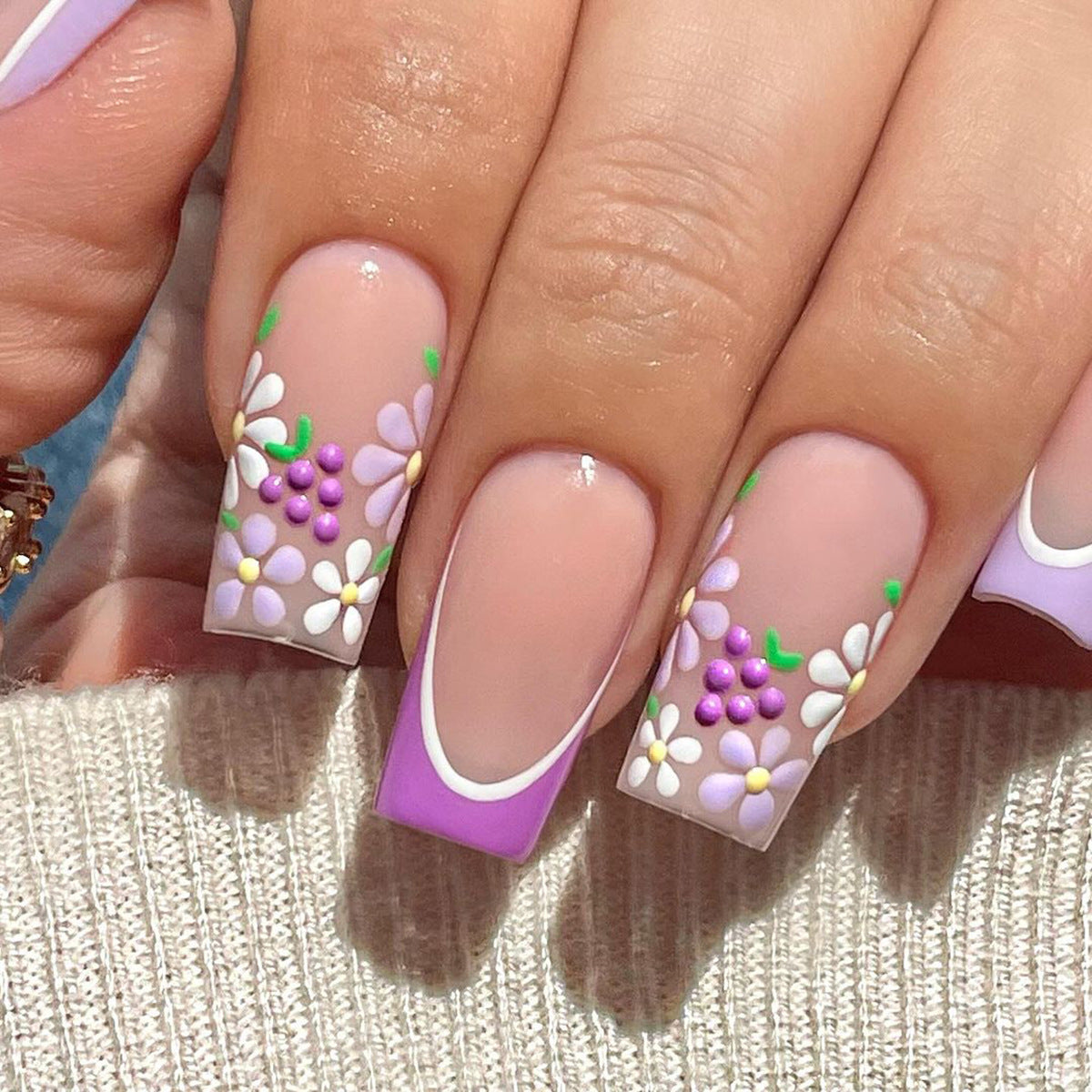 Popular Purple Edge French Nails with White Flowers and Grapes