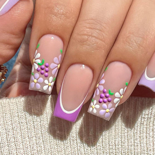 Popular Purple Edge French Nails with White Flowers and Grapes