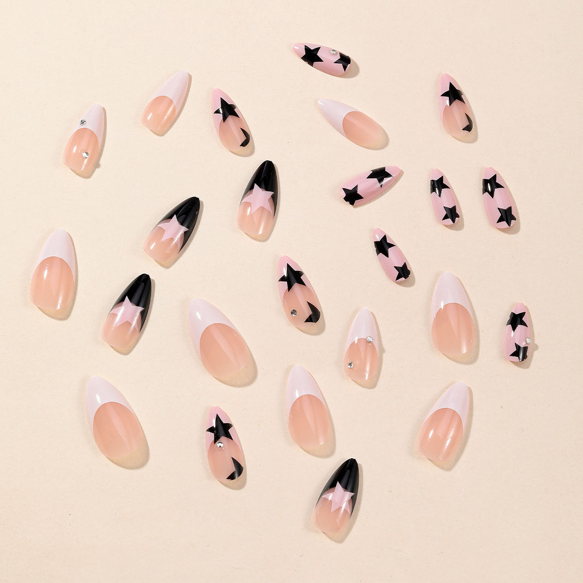 Popular New Arrival Almond Shaped Black White French Pink Star Detachable Fake Nails