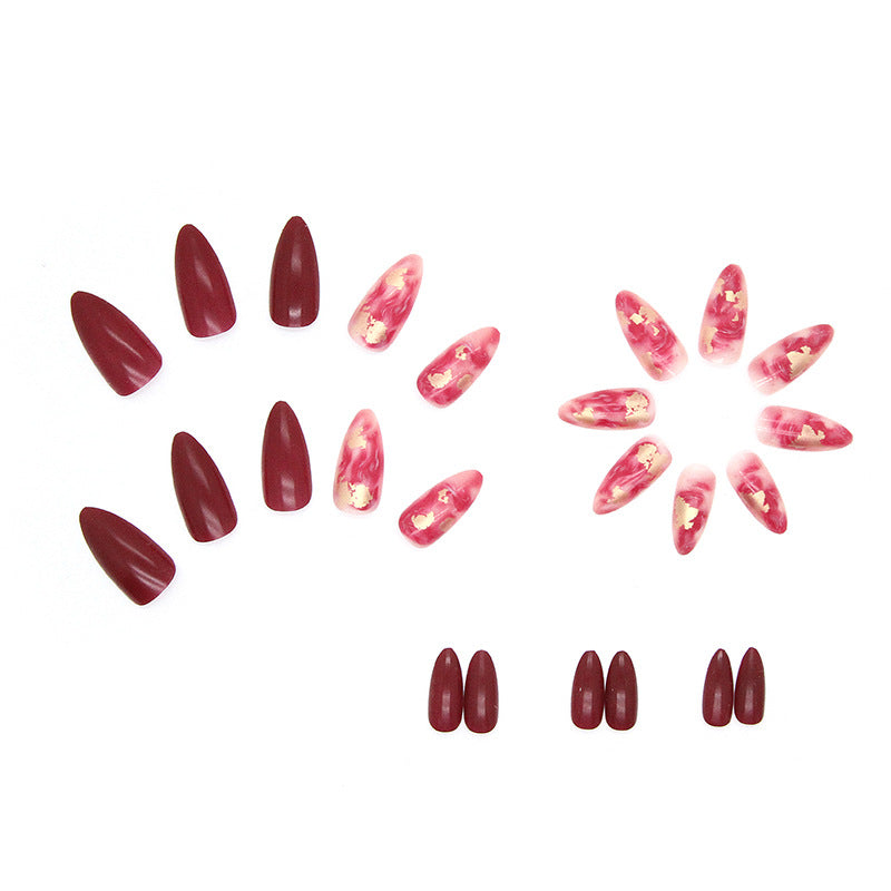 Popular Wine Red Ombre Chinese Style Gold Foil Nails Ins Style Party Bride