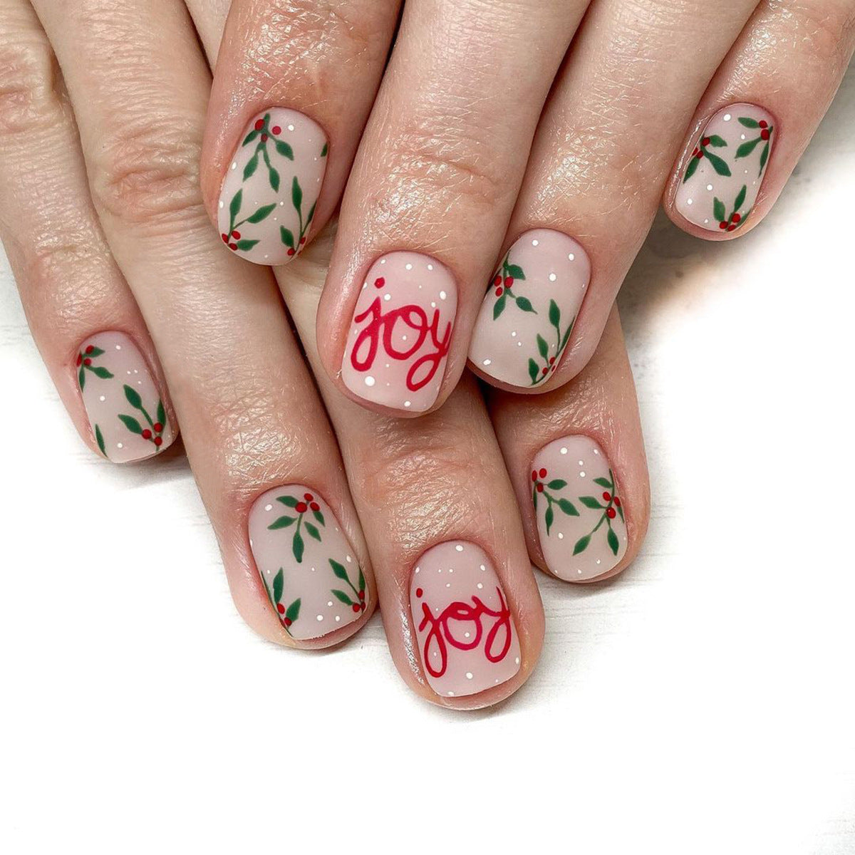 Matte Christmas Berry Nails, Red Lettering Design