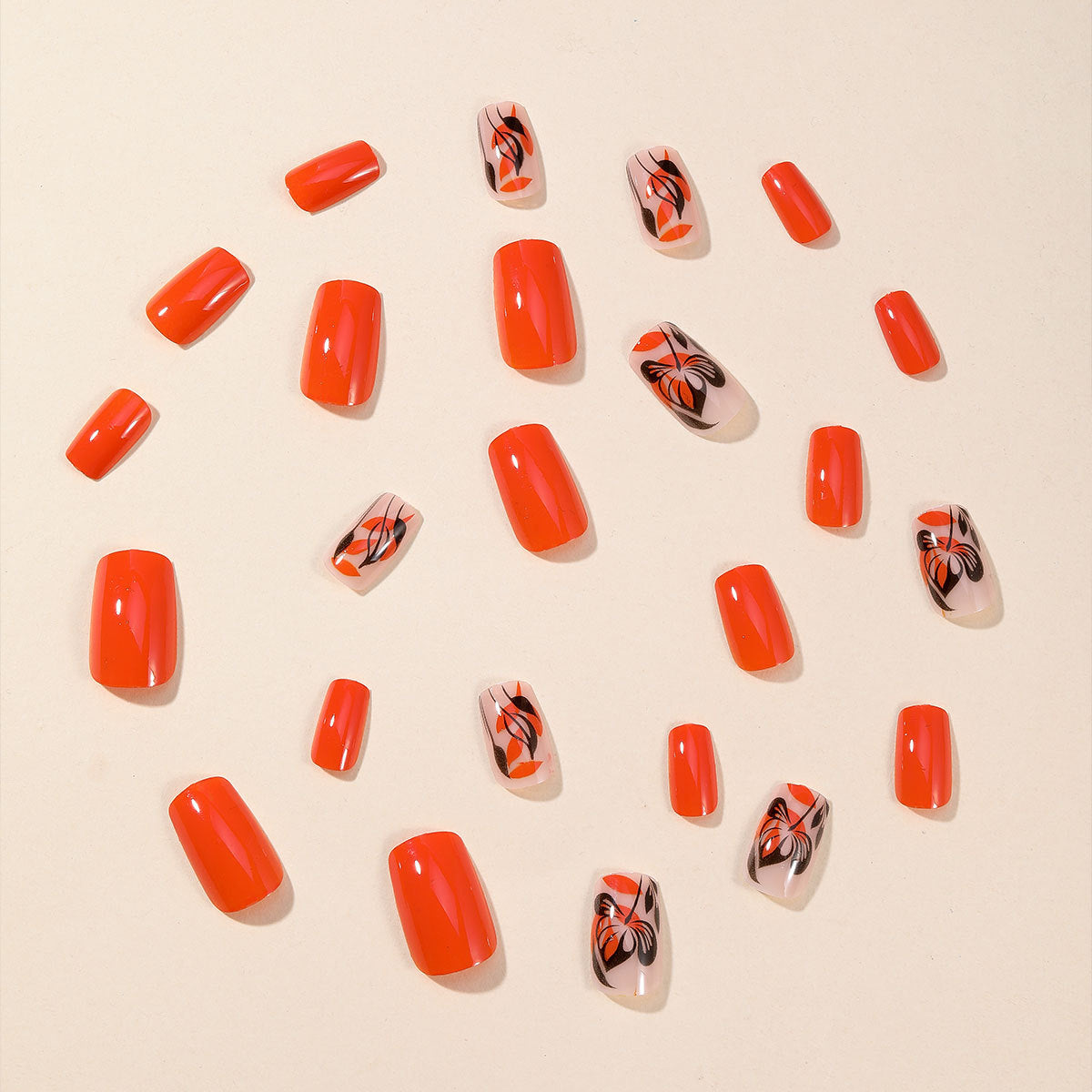 Popular Wholesale Spring Summer Square Orange Leaf Detachable Fake Nails