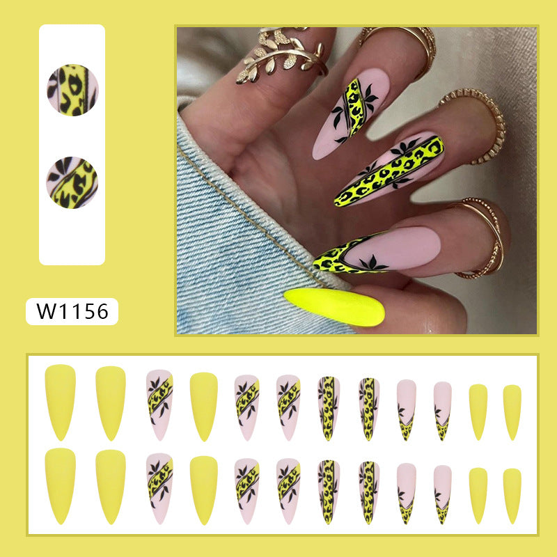 Popular Long Pointed Leopard Print Matte Yellow Nails Ins Style