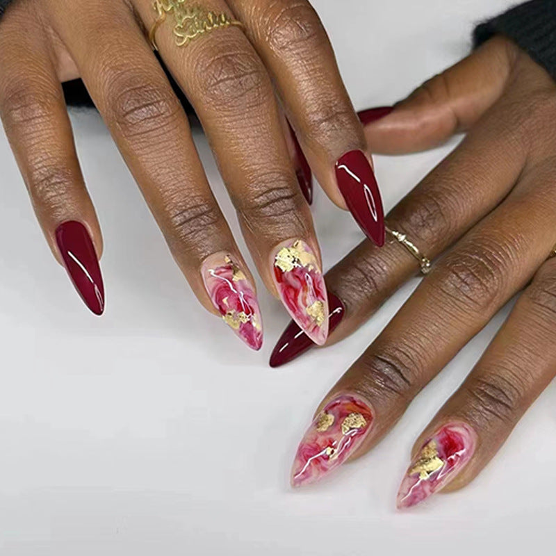 Popular Wine Red Ombre Chinese Style Gold Foil Nails Ins Style Party Bride