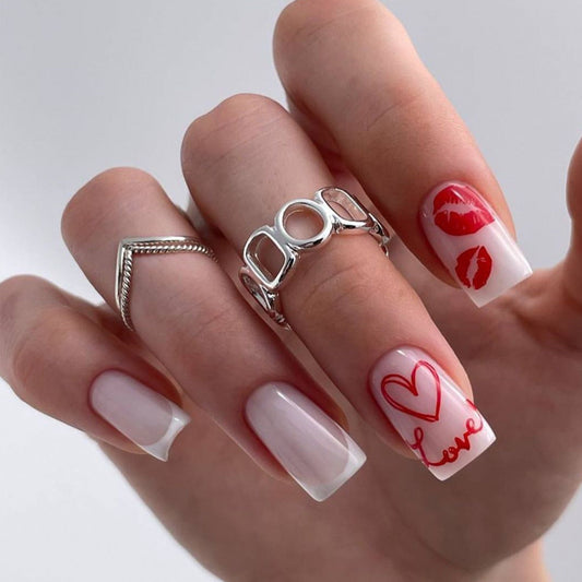 Popular Valentine's Day White French Red Lip Heart Detachable Finished Fake Nails