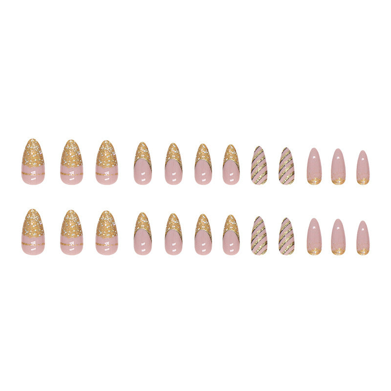 Popular Almond Nails Euro Super Glitter Gold Powder Striped Finished Wearable Nails Wholesale