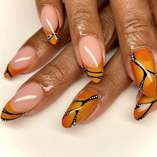 Popular Round Tip Almond Nails, Orange and Black Halloween Design