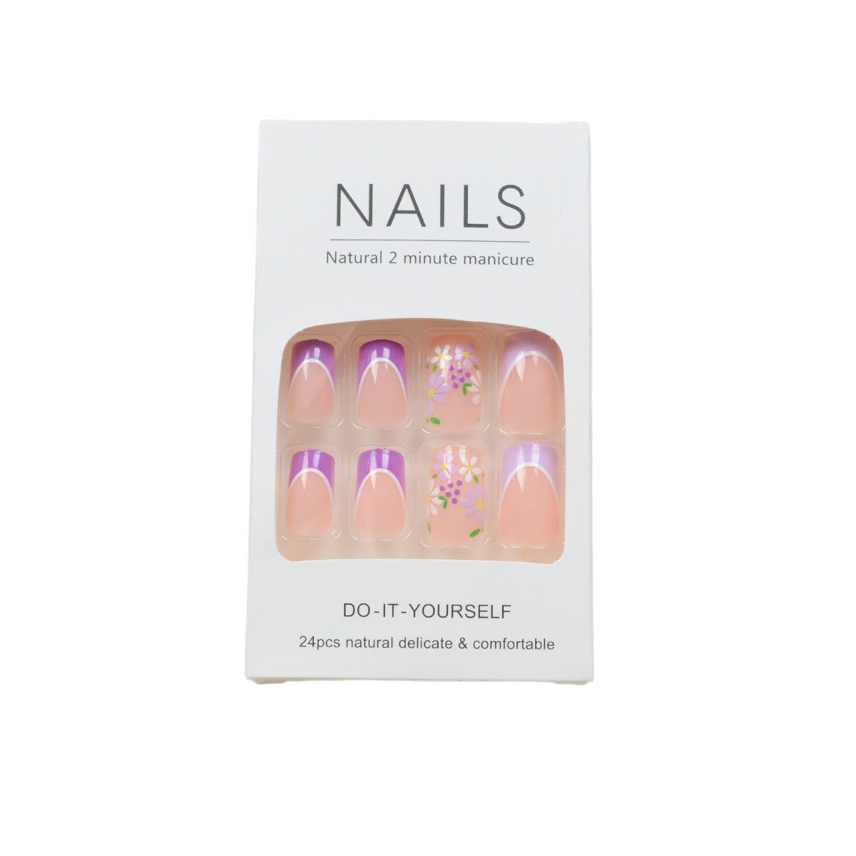 Popular Purple Edge French Nails with White Flowers and Grapes