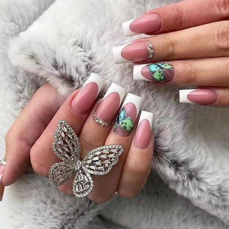 Popular Mid-Length Square Nails with Diamonds White French Edge Clear Pearl Sparkle Butterfly Pink