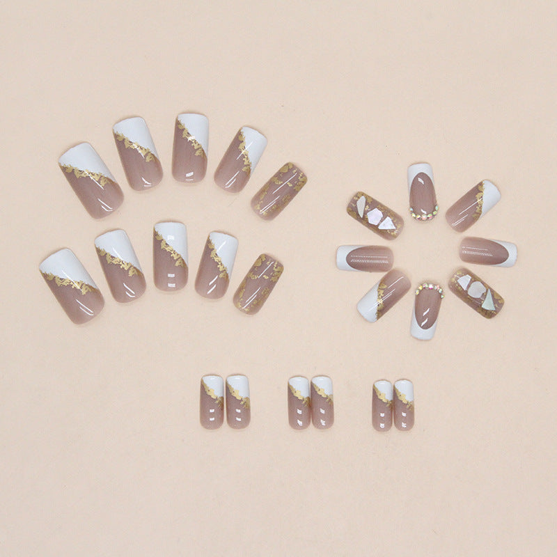 Popular Euro Fashion Mid-Length Square Shell Diamond Nails Gold Foil Triangle French Ins Style