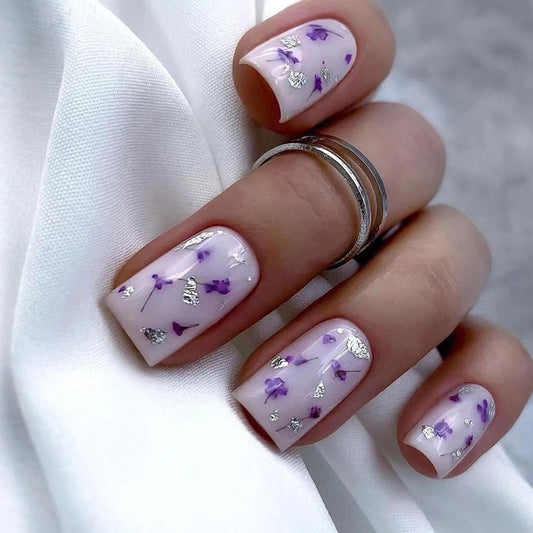 Popular Lavender Purple Solid and Floral Nails, Mid-Length Sweet