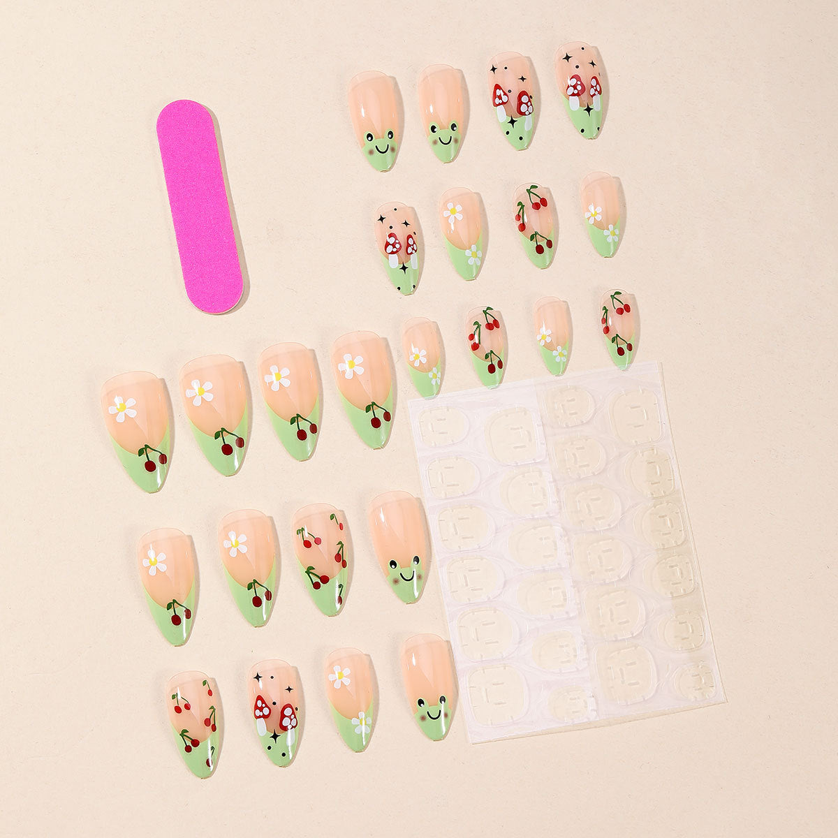 Popular Almond Fresh Green French Cherry Blossom Frog Detachable Fake Nails-homeunderwear