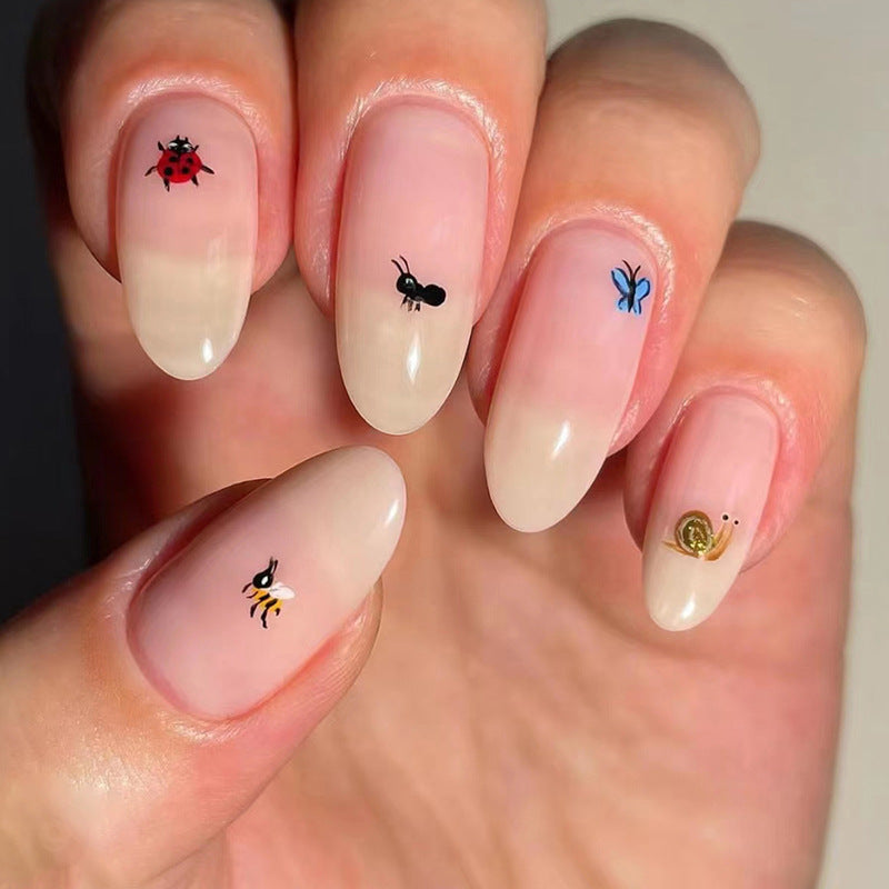 Popular Apricot Gradient Almond Nails Adorable Animal Collection Butterfly Ant Snail Kids Nails-homeunderwear