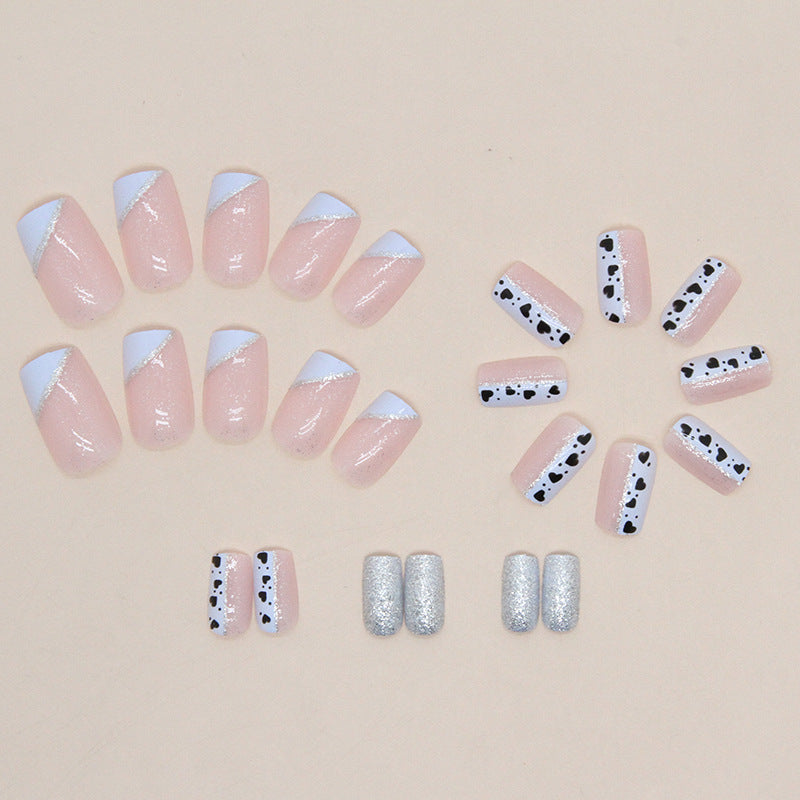 Popular Blue-White Triangular French Nails with Heart Polka Dots, Pink Square