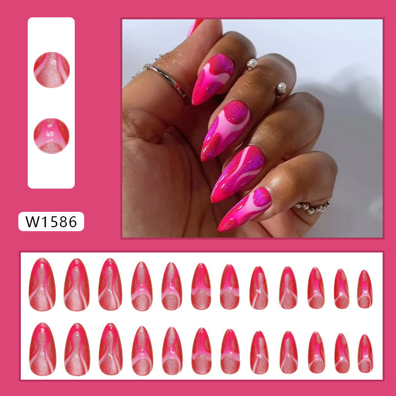 Popular Removable Fake Nails Rose Red Wave Design 24-Piece