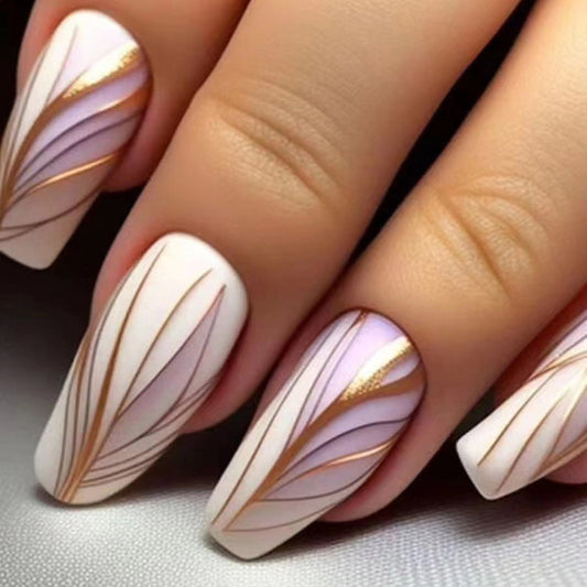 Popular Mid-Length Ballet Nails with Gold Lines, Matte Finish