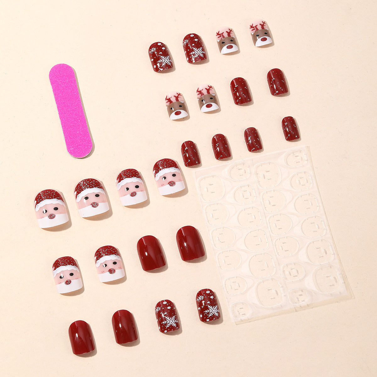 Popular Christmas Red Short Square Santa Reindeer Glitter Detachable Fake Nails