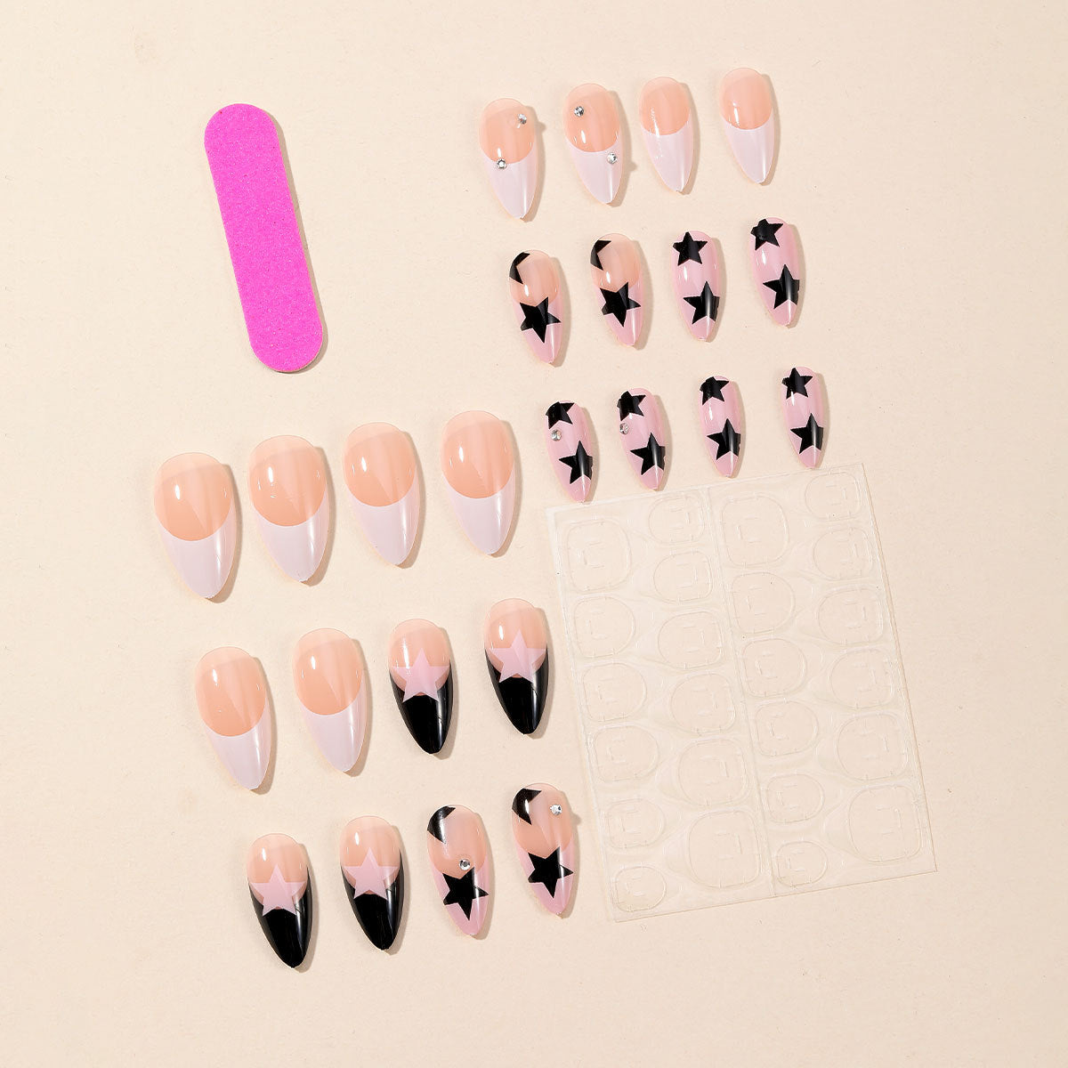 Popular New Arrival Almond Shaped Black White French Pink Star Detachable Fake Nails